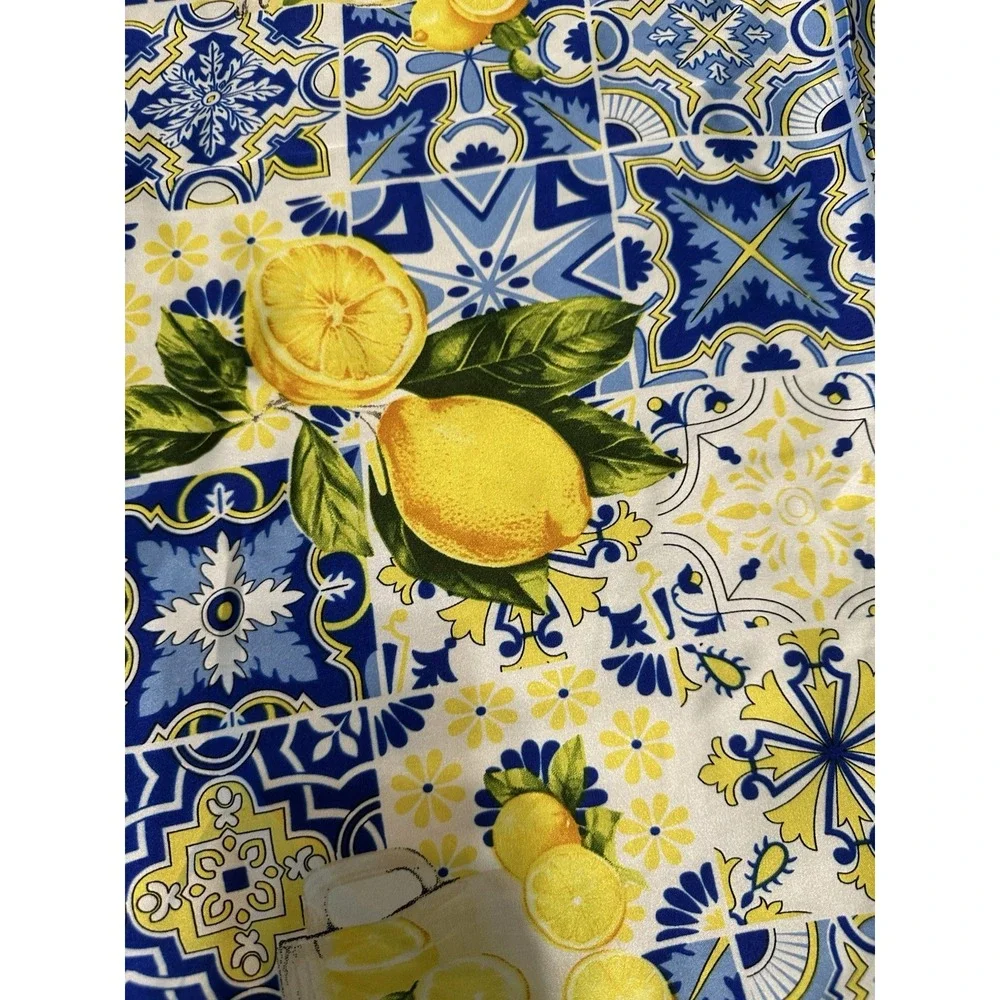 Italian Tile Lemon Print Square Scarf  Blue Yellow Amalfi Coast Satin Head Wrap
